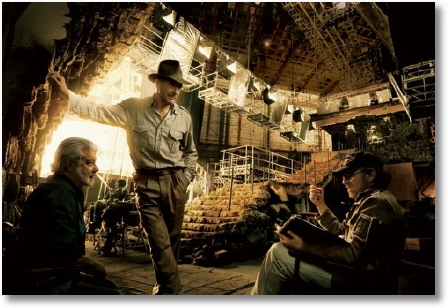 Geroge Lucas, Harrison Ford and Steven Spielberg on the set of Indy 4